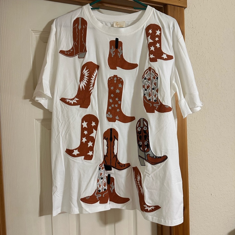 White T-Shirt with Brown Cowboy Boot Print